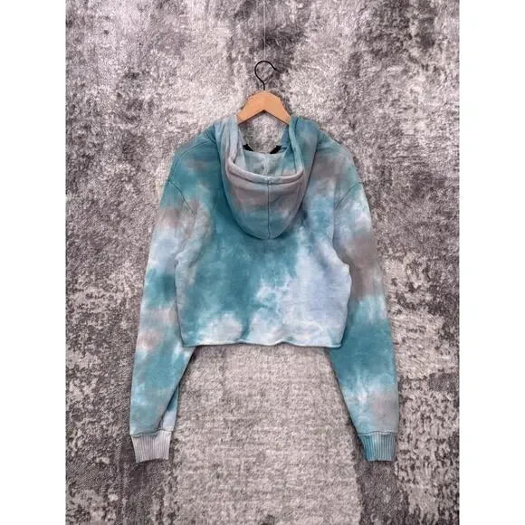 Cotton Citizen Hoodie Large Womens Blue Green Tie Dye 1/2 Zip Crop Sweatshirt - Picture 3 of 8